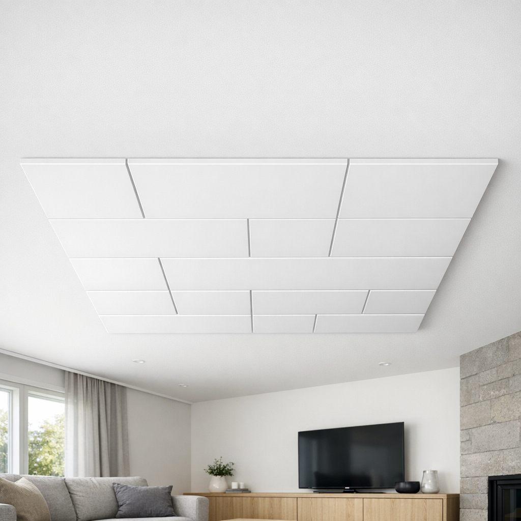 Olohuoneen MDF-kattopaneeli osana seinien ja kattojen verhousten valmistusta
Asuinhuoneiston olohuone.