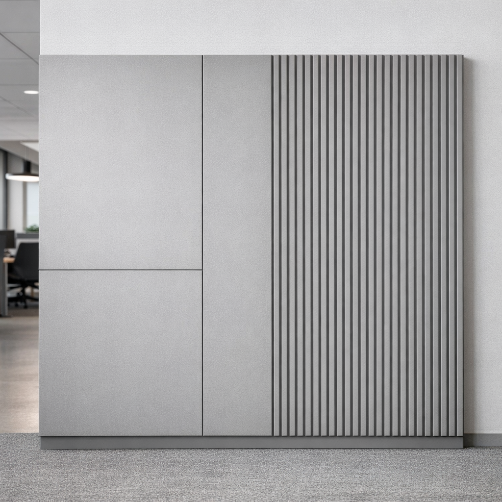 MDF-seinäpaneelit open space -tilassa, seinien ja kattojen verhousten valmistus
Toimiston open space -ympäristö.