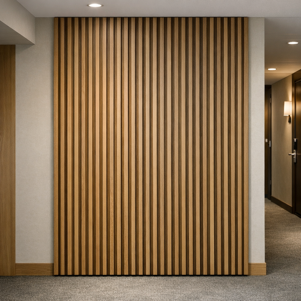 Puinen seinäverhous hotellin käytävällä osana seinien ja kattojen verhousten valmistusta