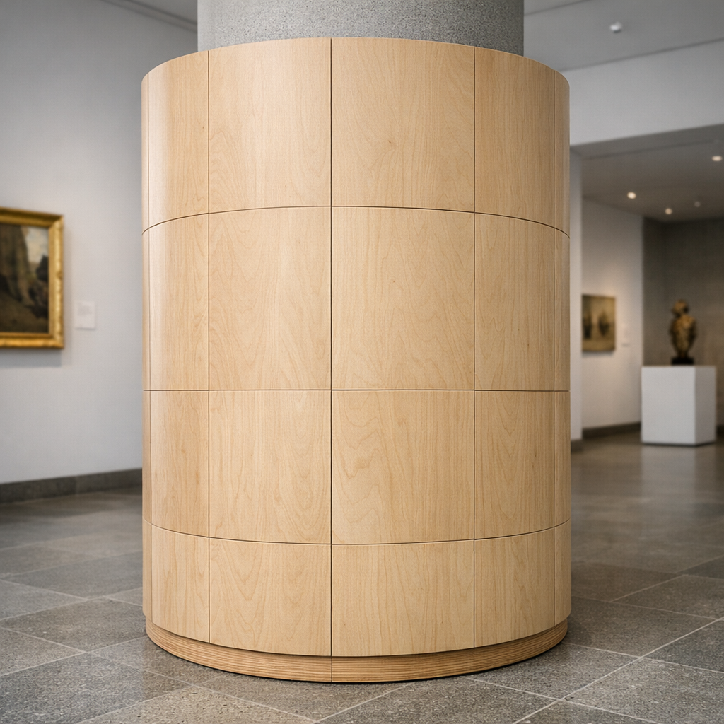 Koristepylväiden valmistus vanerisegmenteistä museosalissa