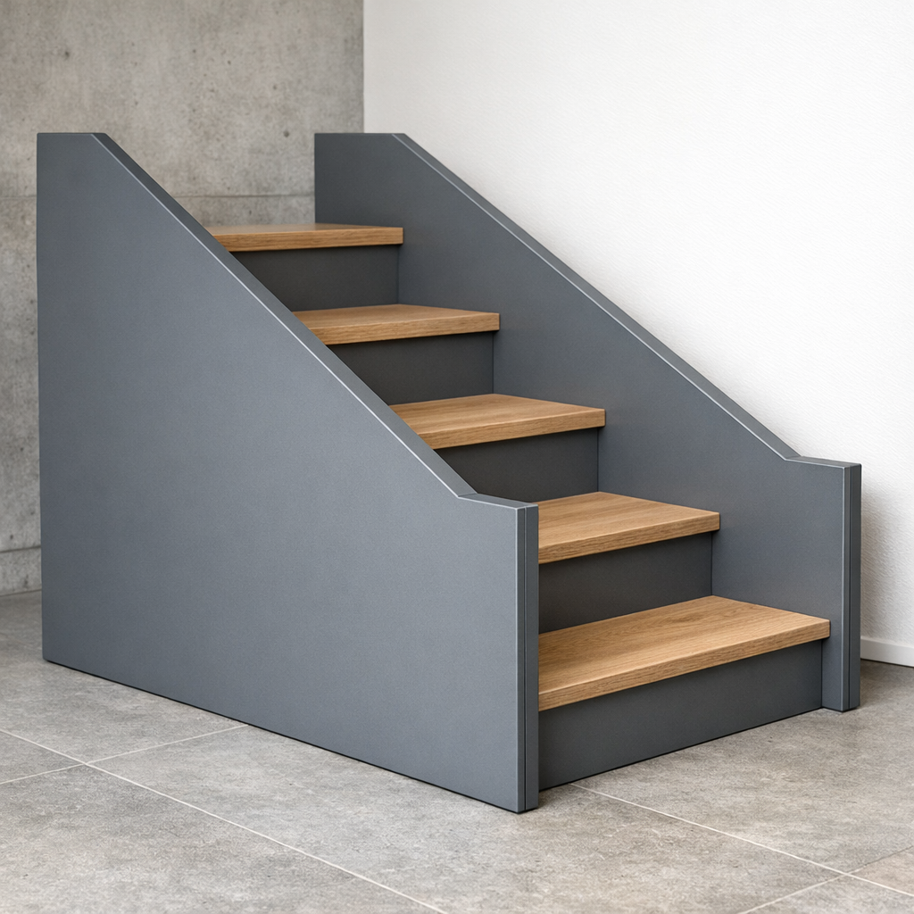 Portaiden osien valmistus MDF-sivupaneeleina harmaassa sävyssä