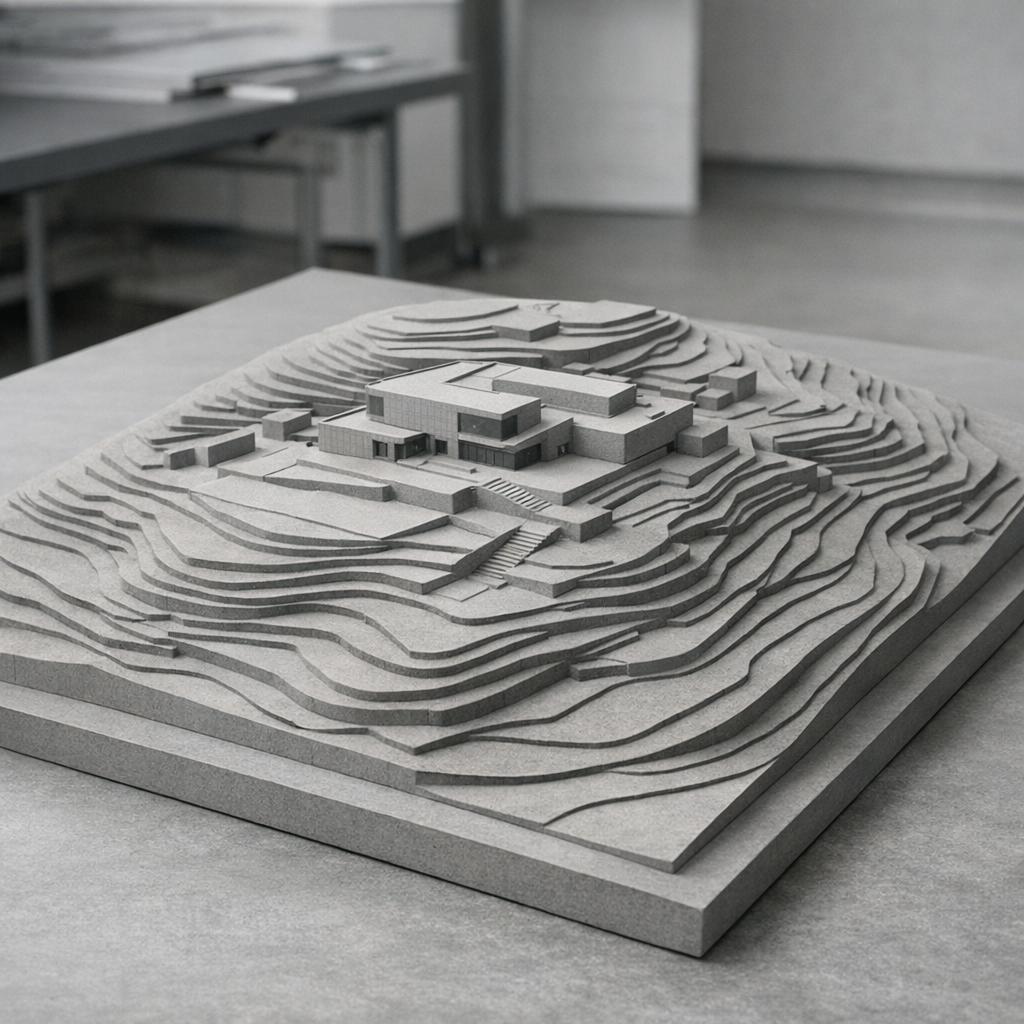 Arkkitehtuurimallien valmistus MDF-rakennusmalli arkkitehtuuritoimistossa