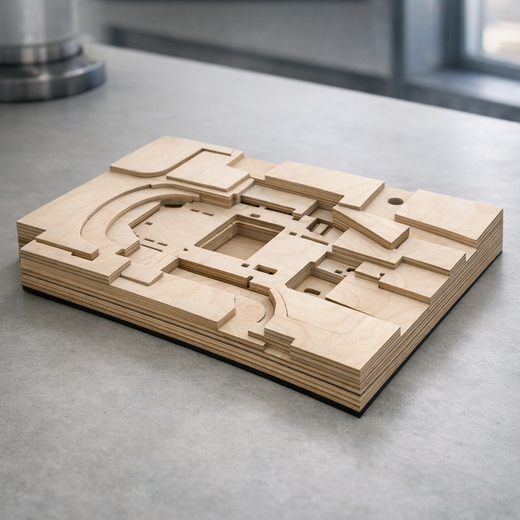 Arkkitehtuurimallien valmistus vanerinen mallifragmentti esittelytilassa