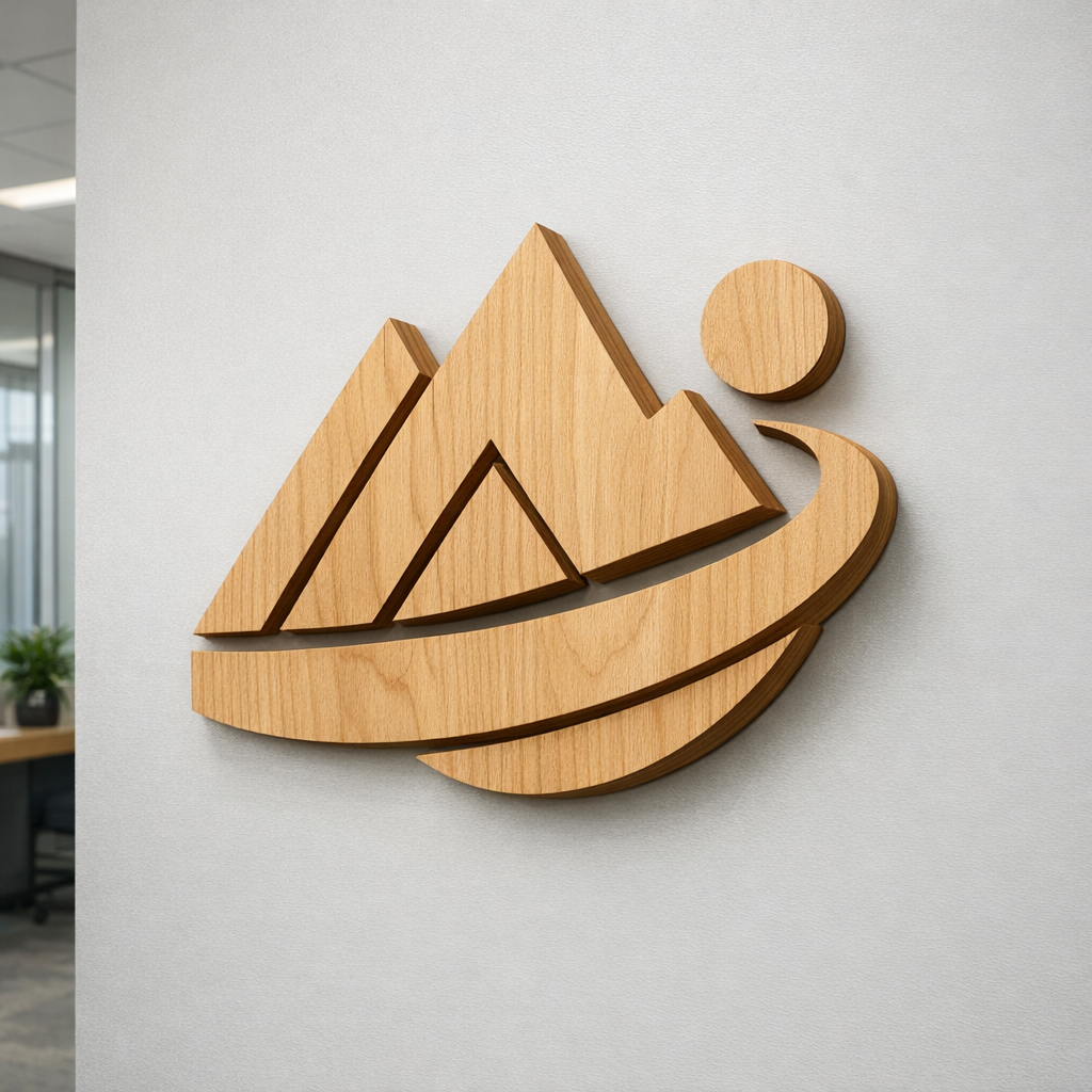 Opasteiden ja kylttien valmistus vaneriselle seinälogolle toimistossa