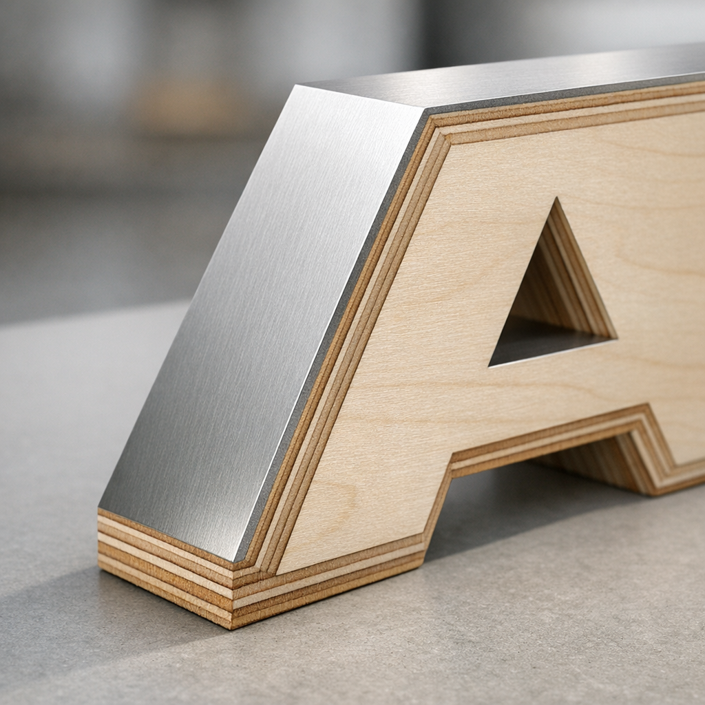 Opasteiden ja kylttien valmistus kirjaimen sileälle reunalle lähikuvassa