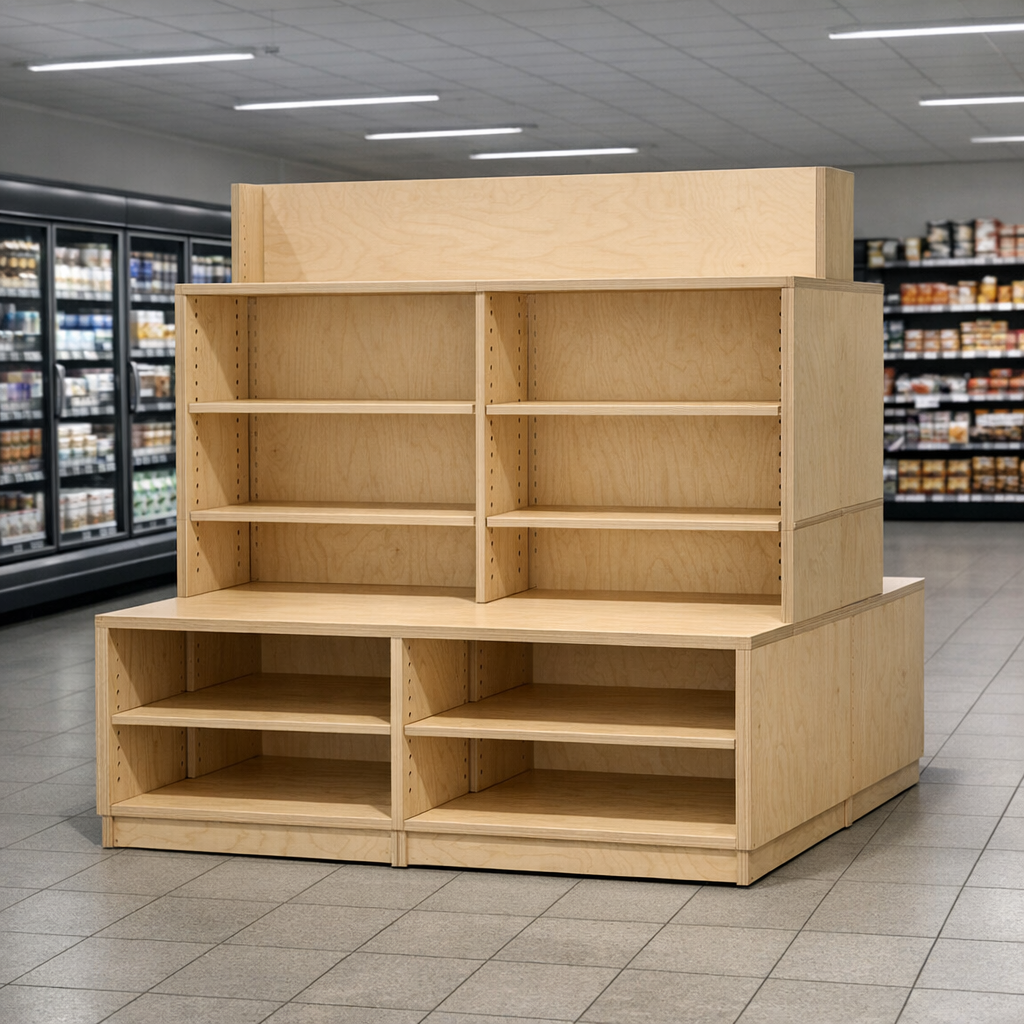 POS-elementtien valmistus vaneriselle modulaariselle displaylle supermarketissa