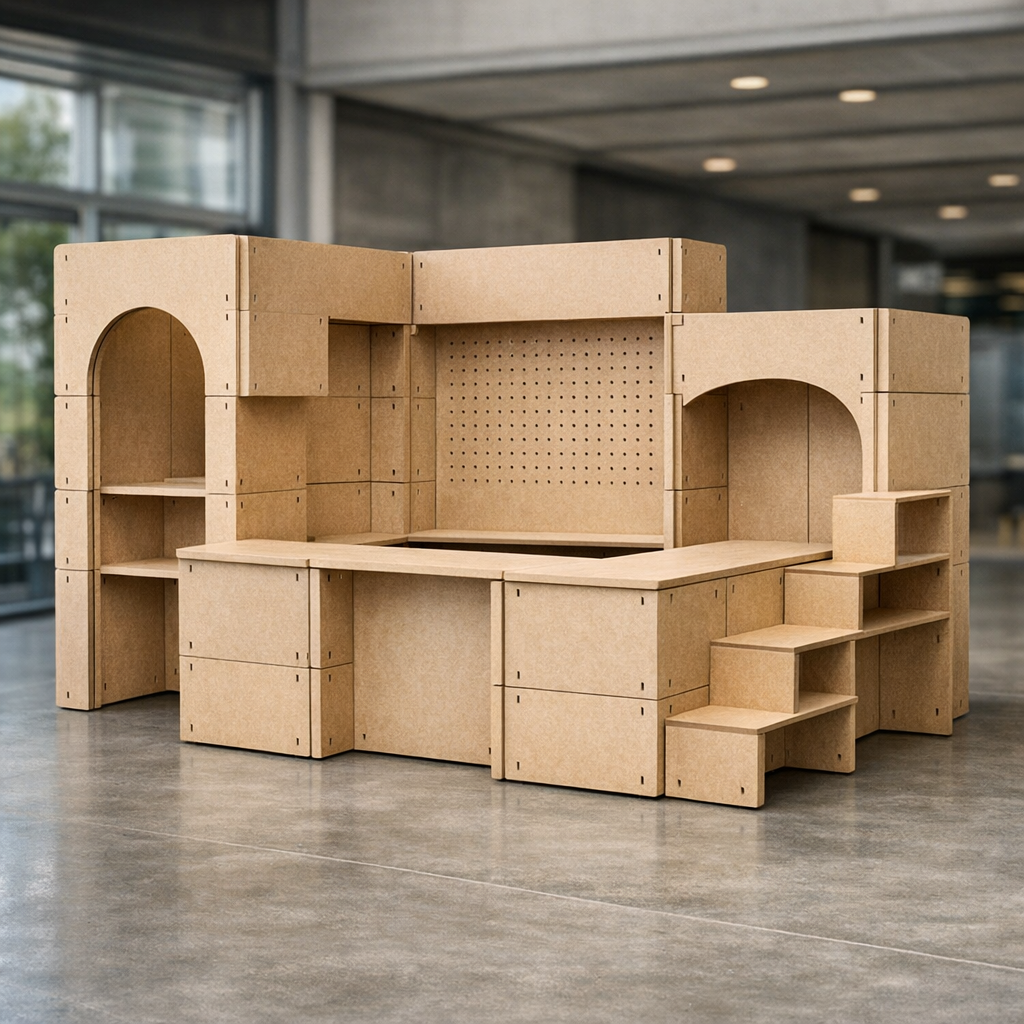 Messuosastojen rakenteiden valmistus MDF pop-up -rakenteena tapahtumassa