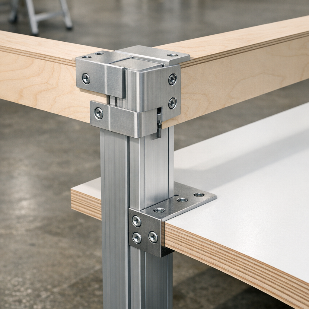 Messuosastojen rakenteiden valmistus asennusvaiheessa tarkasti istuvilla osilla