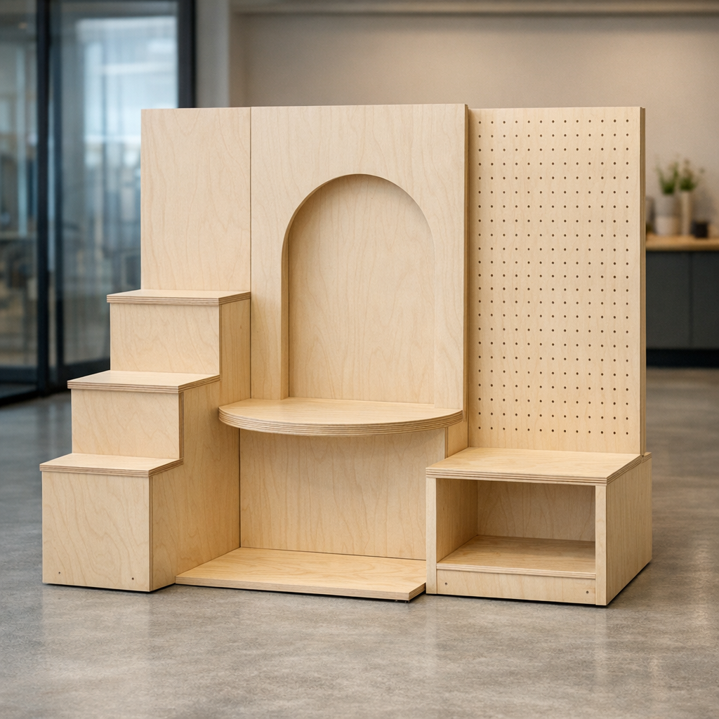 Vaneriset näyteikkunarakenteiden valmistus -elementit showroomissa