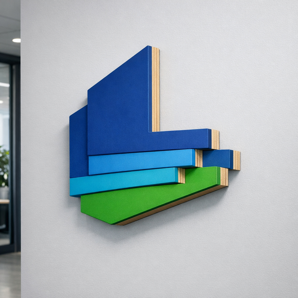 Logopaneelien valmistus monikerroksisena MDF-logona toimistossa