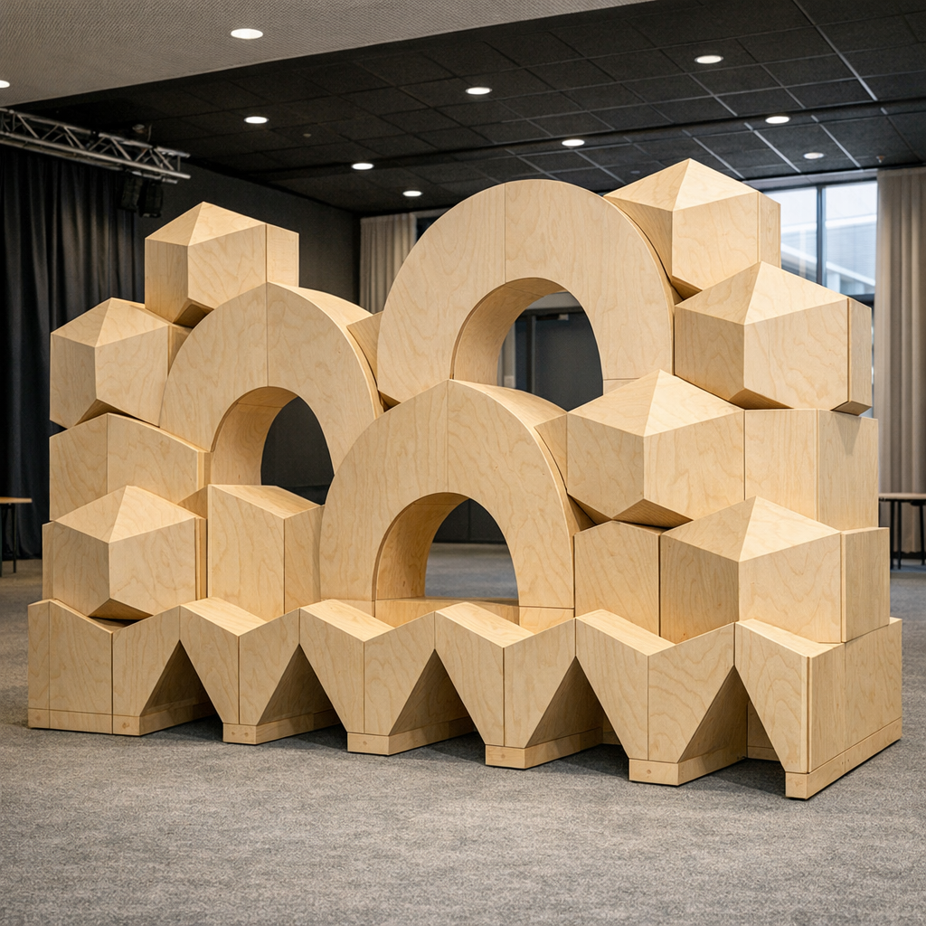 Tapahtumarekvisiitan valmistus vanerisilla elementeillä konferenssitilassa