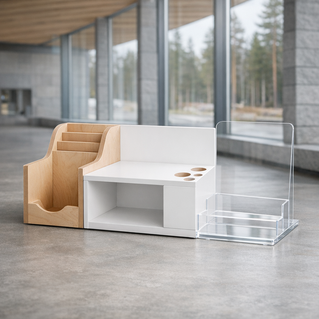 Tapahtumarekvisiitan valmistus lähikuvassa, vanerielementin reuna