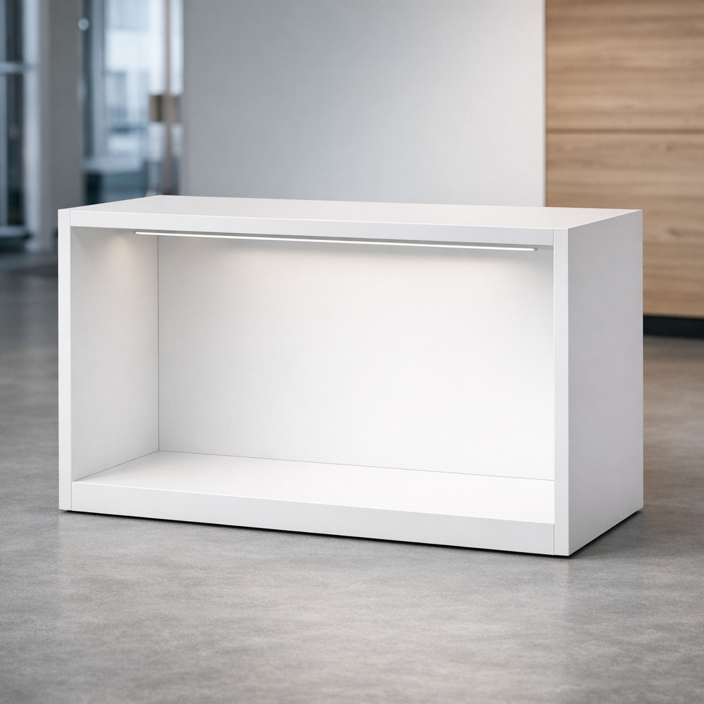 Valolaatikkorakenteiden valmistus MDF-runkoon näyttelyosastolla