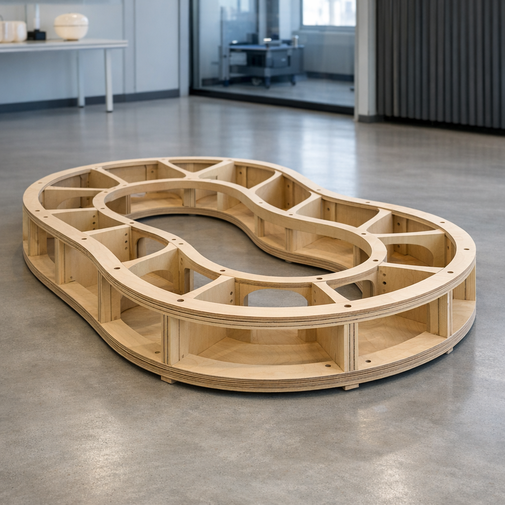 Valolaatikkorakenteiden valmistus vanerikehykselle showroomissa