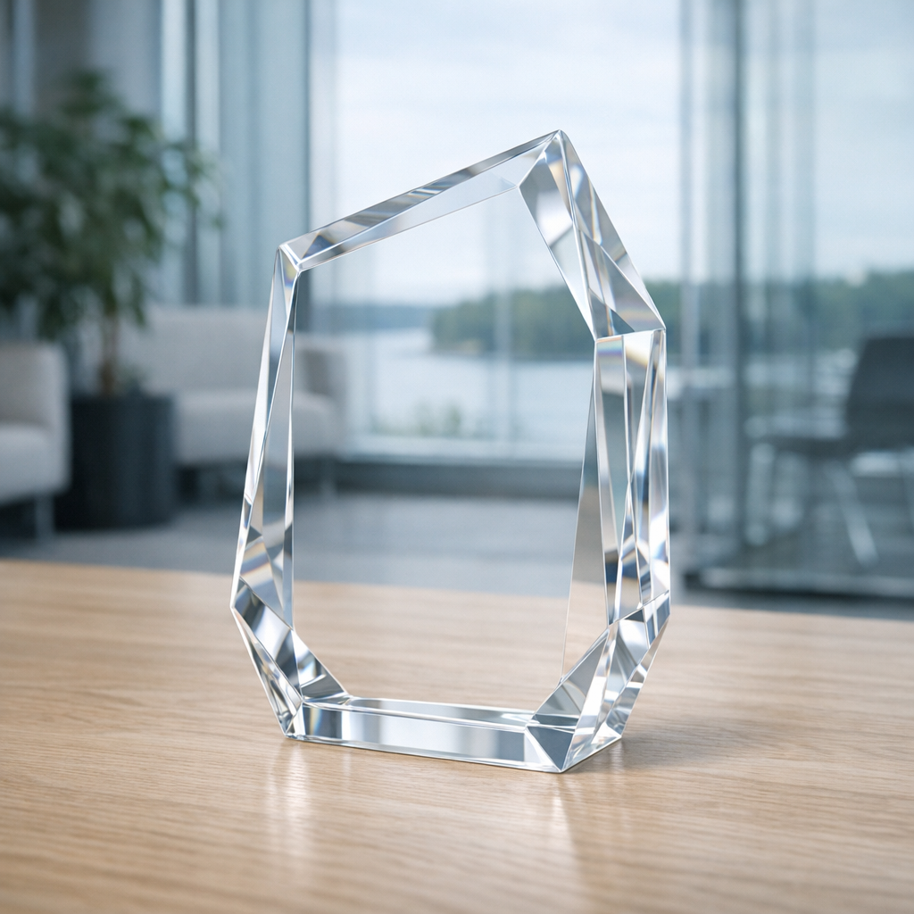 Geometrinen akryylipalkinto toimistossa – palkintojen ja pokaalien valmistus