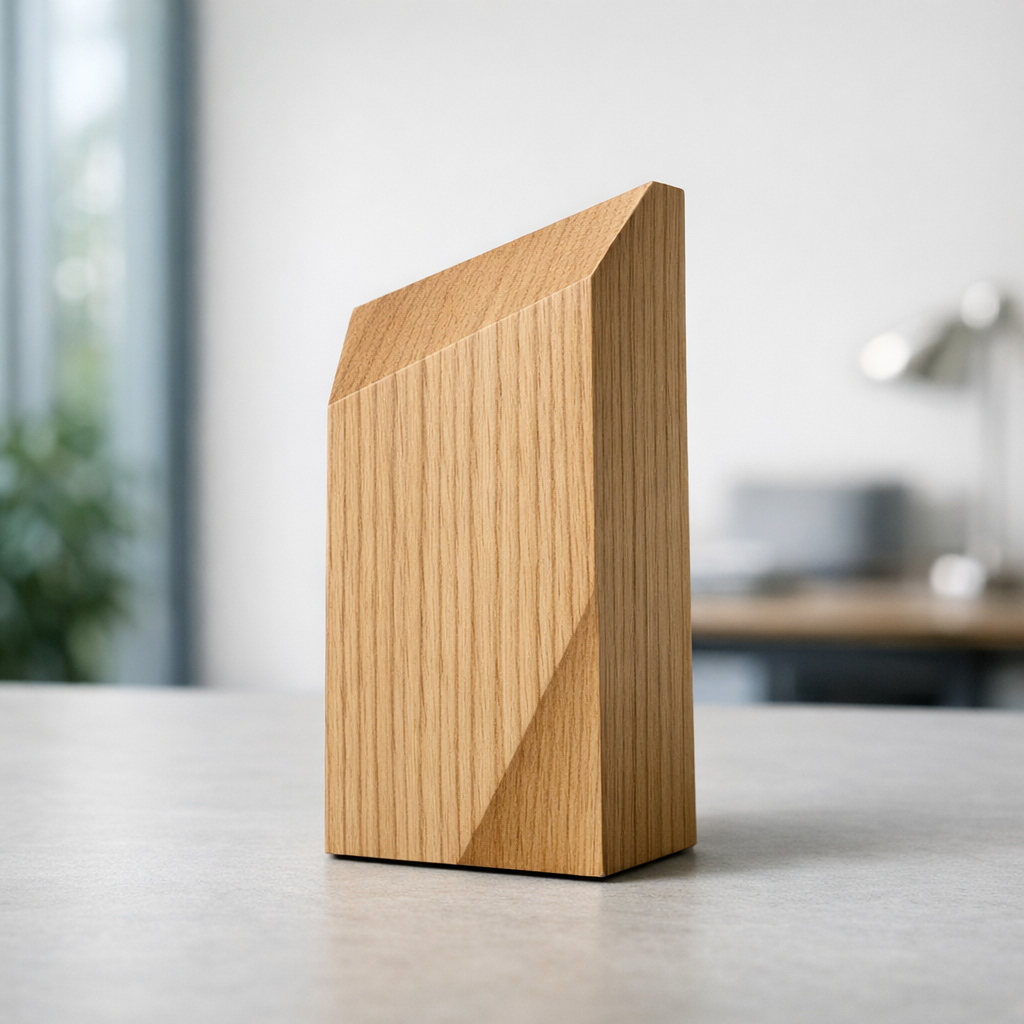 Puinen esityspalkinto toimistoympäristössä – palkintojen ja pokaalien valmistus