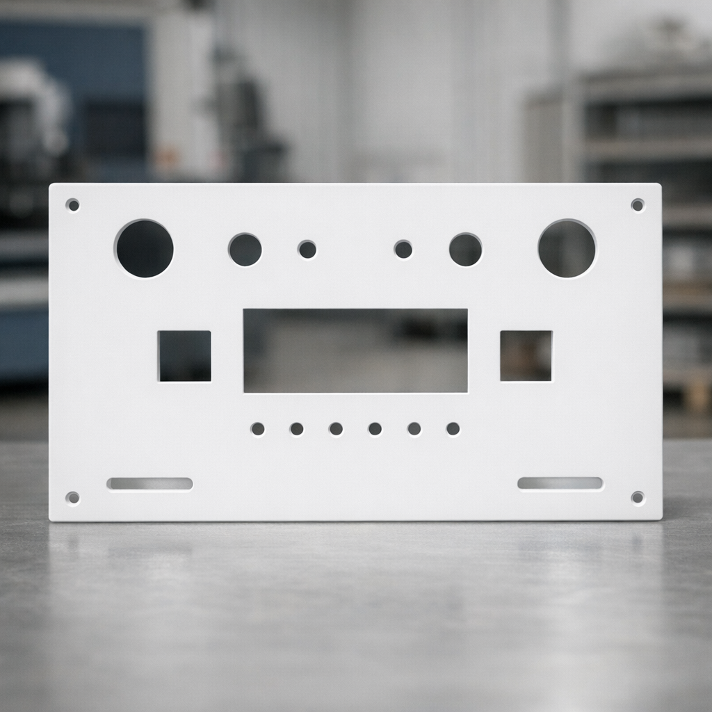 Muovinen etupaneeli teollisessa tilassa, ohjauspaneelien valmistus