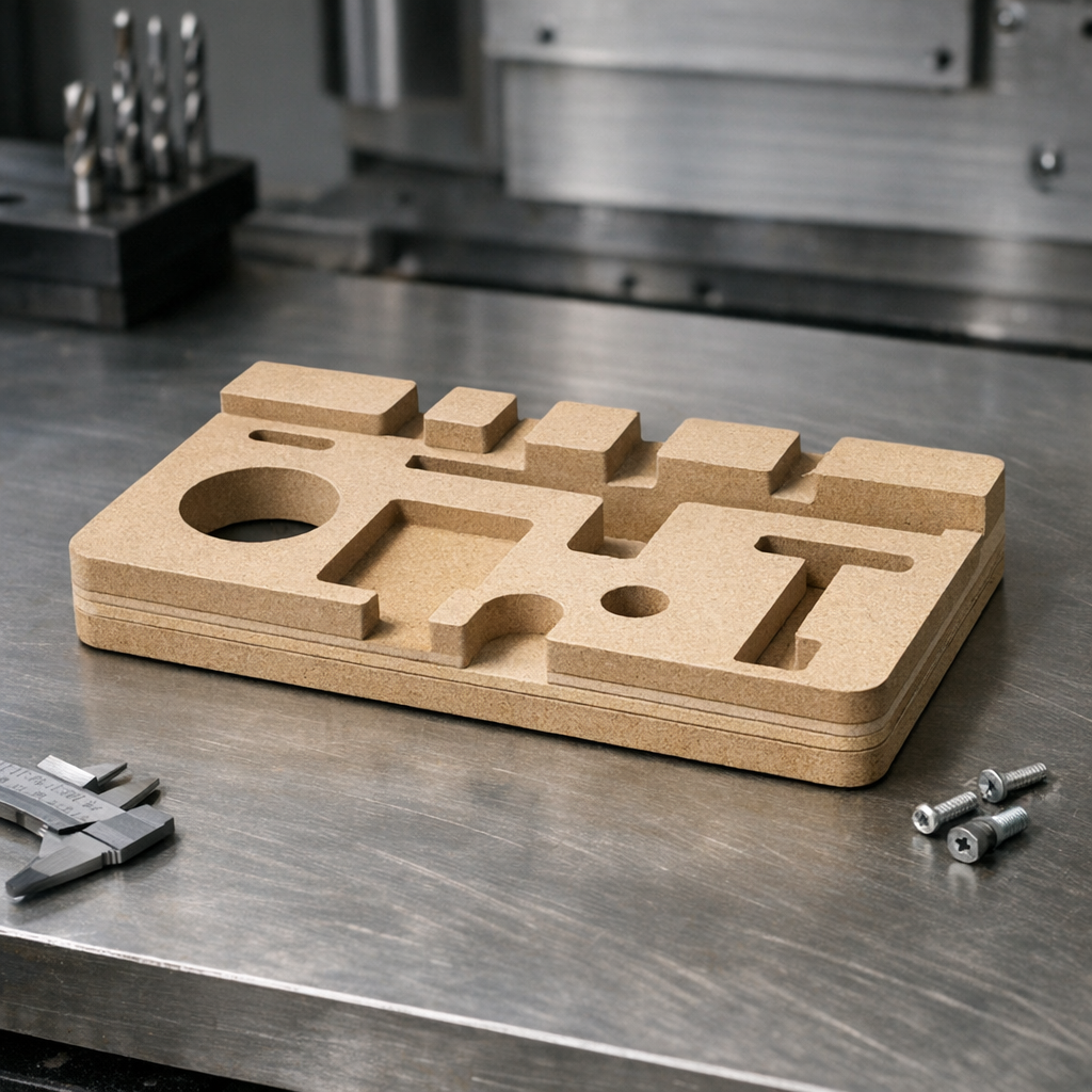 MDF-komponentti työpöydällä osana testikomponenttien valmistus -prosessia