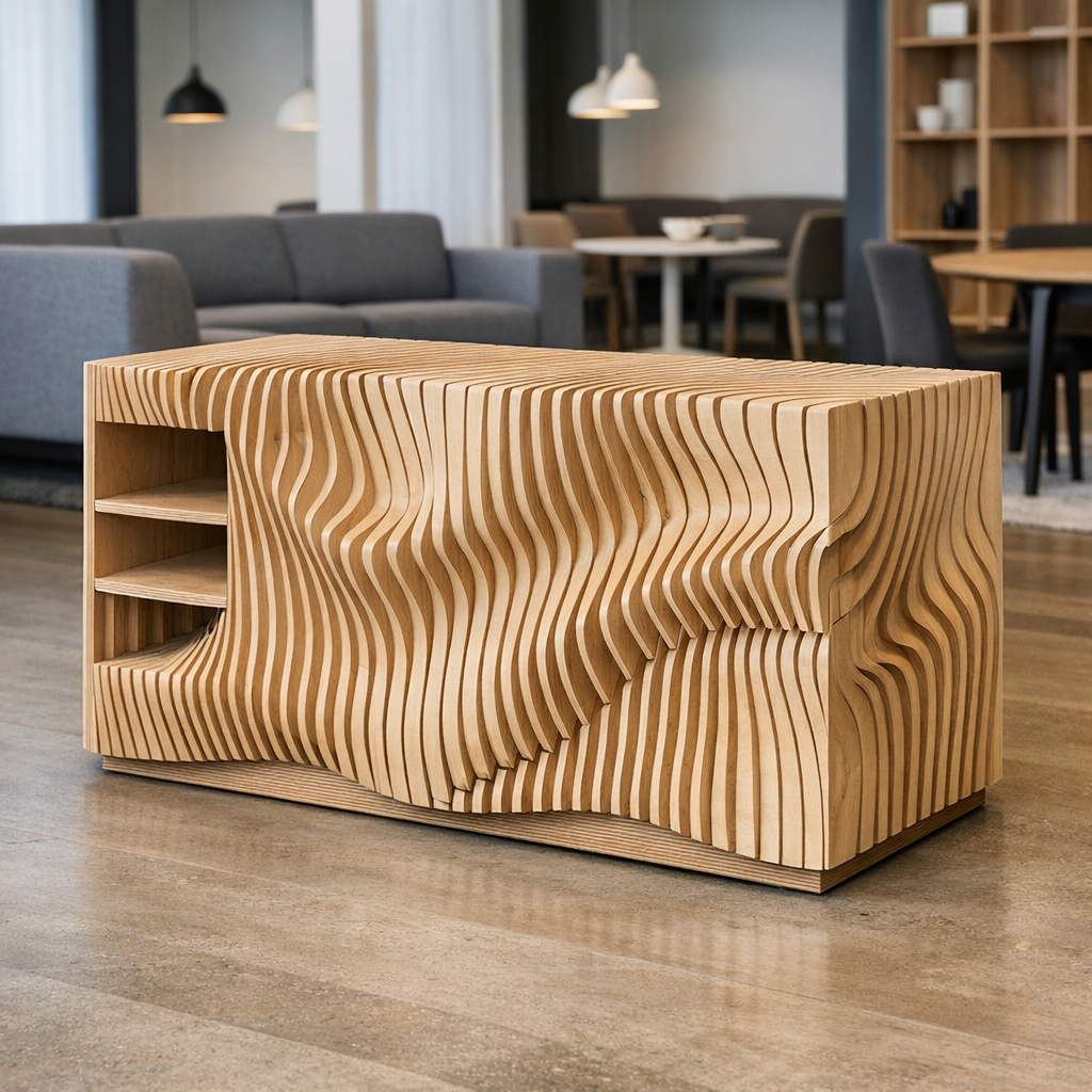 Showroomissa asennettu vanerinen parametristen huonekaluosien valmistus -moduuli