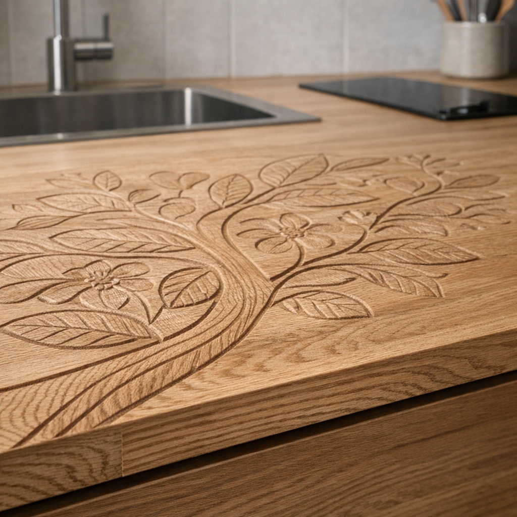 Pöytätasojen kaiverrus CNC-työstöllä MDF-paneelissa työpajassa