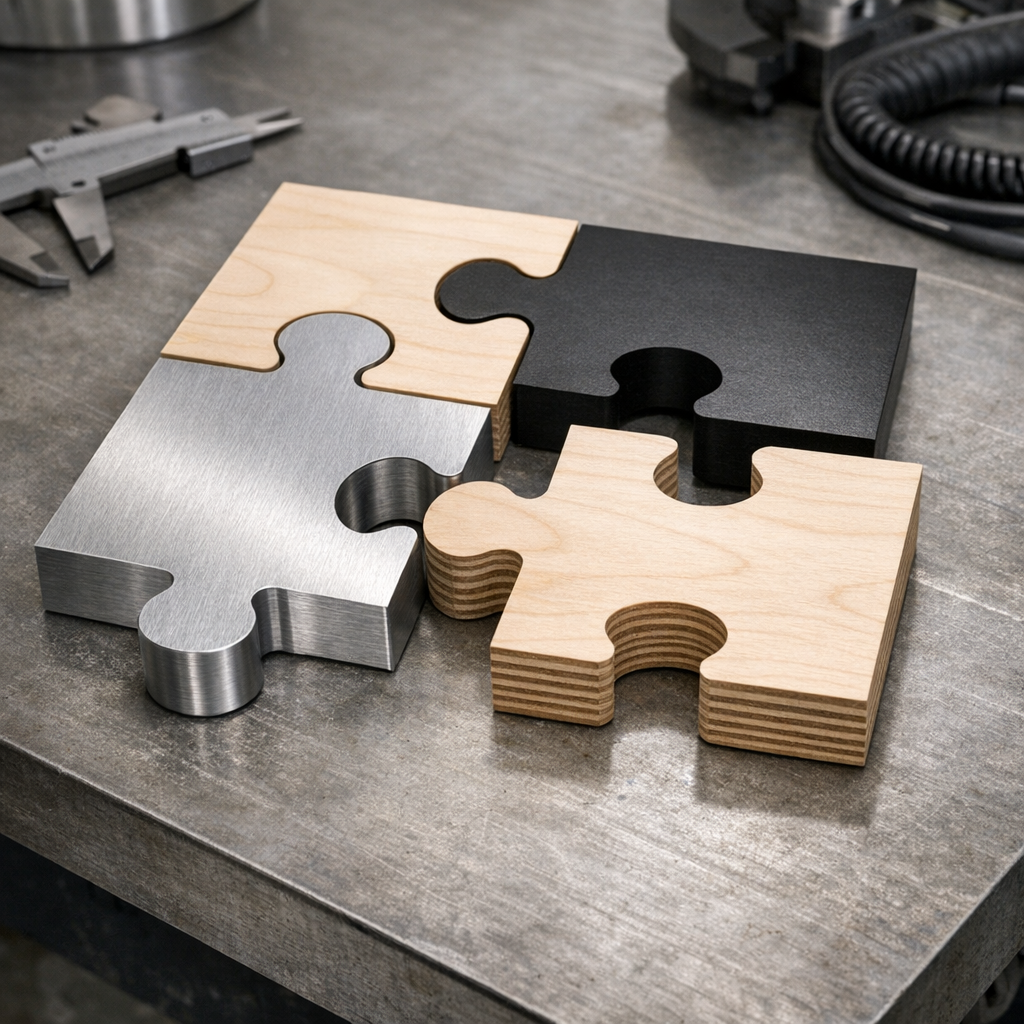 Opetuspuzzlejen valmistus palapelin osista työpöydällä