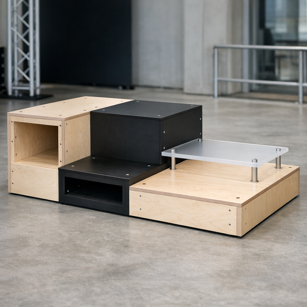 Lavarakenteiden asennus, luentopönttöjen ja puhujakorokkeiden valmistus