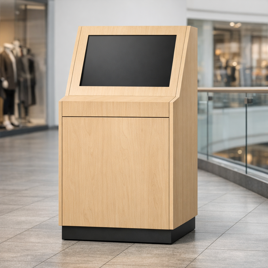 Interaktiivisten kioskien runkojen valmistus vanerikuorelle asennusalueella