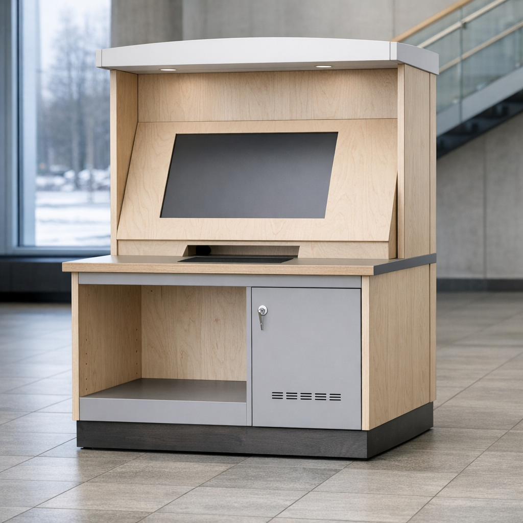 Interaktiivisten kioskien runkojen valmistus laiteaukoilla varustettuun runkoon