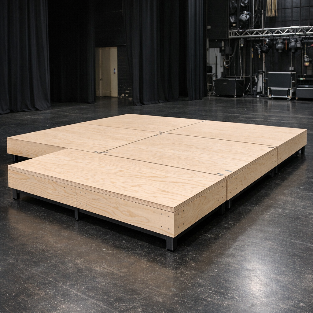 Teatterilava, jossa vaneriset näyttämörakenteiden ja lavasteiden valmistus -paneelit