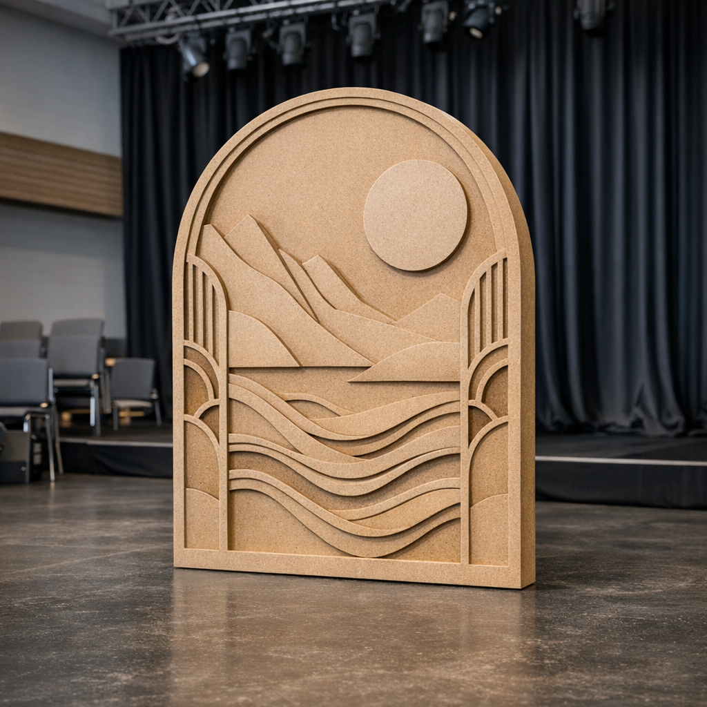 Tapahtumasali MDF-rakenteella, osa näyttämörakenteiden ja lavasteiden valmistusta