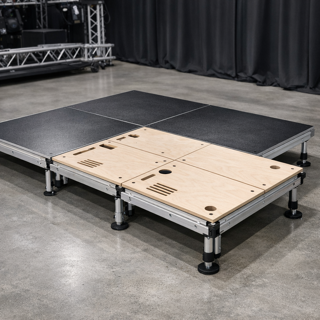 Lavapaneelien asennusvaihe näyttämörakenteiden ja lavasteiden valmistus -projektissa