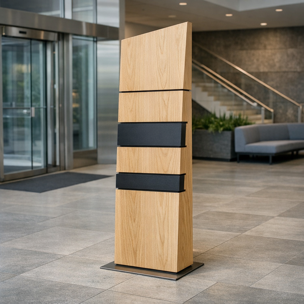 MDF-opastetotemi julkisessa tilassa osana opastetotemien valmistusta