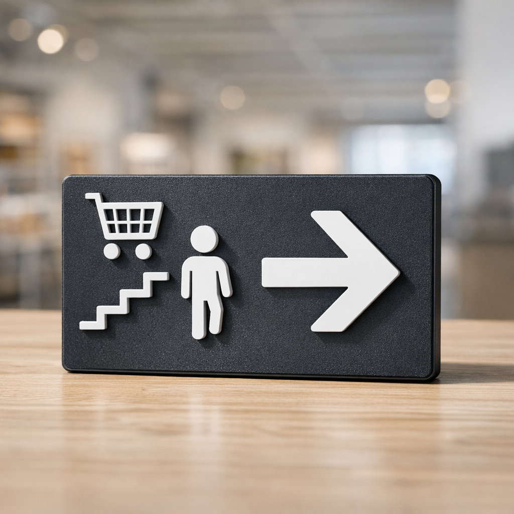 Muovinen navigaatiototemi retail-ympäristössä, opastetotemien valmistus