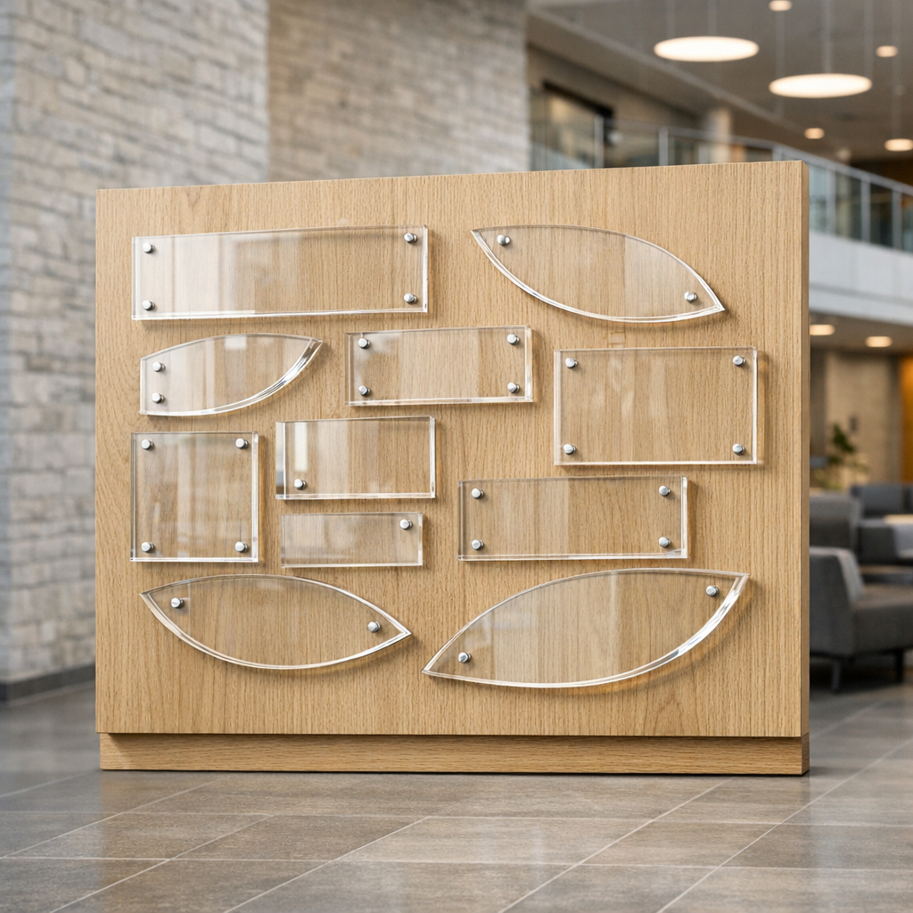 Lahjoittajaseinien valmistus akryylielementeillä julkisessa hallissa